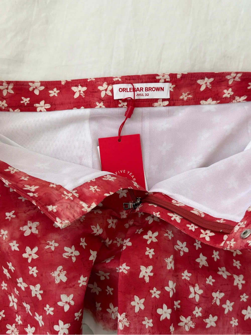 Orlebar Brown Red Floral Print Fabric with White Blossoms - Picture 4 of 7